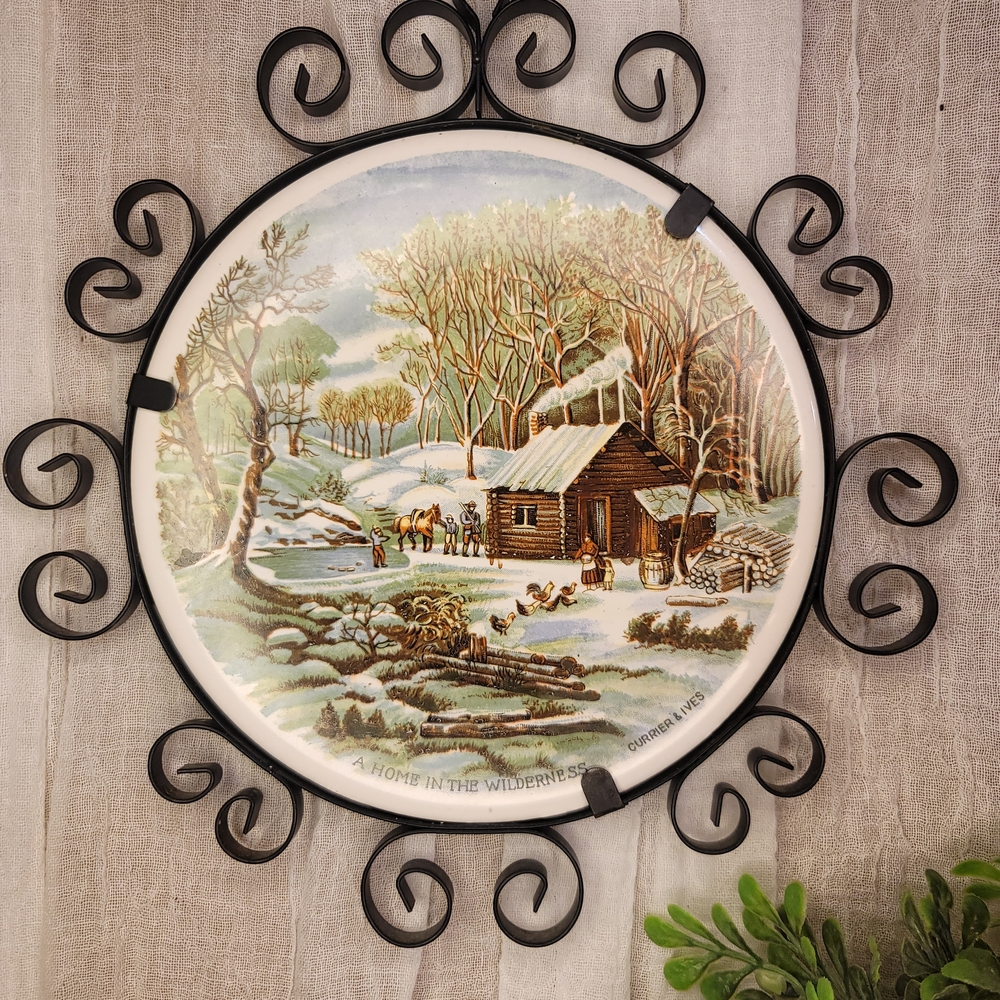 Vintage Currier & Ives Lithograph Wall Plate With Wrought Iron Frame